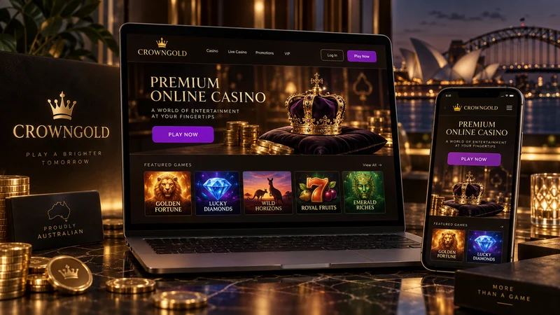CrownGold casino site open on a laptop and a phone with the pokies lobby in view