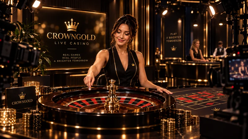 Live dealer at a roulette table in a gold-lit studio