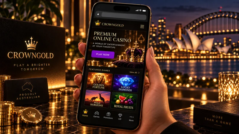 Hand holding a phone with the CrownGold mobile site open in a browser