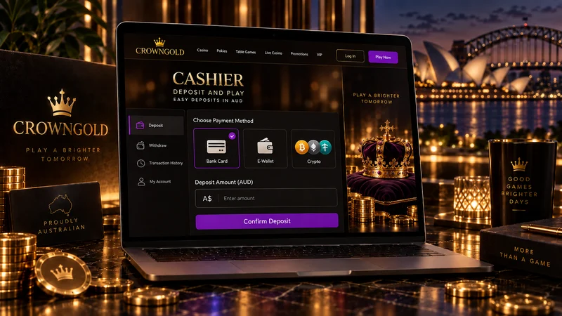 CrownGold cashier screen with deposit options priced in Australian dollars
