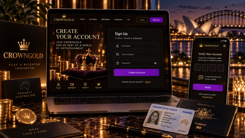 Verification documents and a laptop showing a CrownGold account page