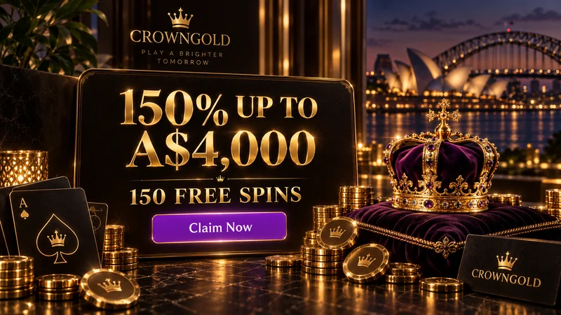 CrownGold welcome offer artwork with 150% up to A$4,000 and 150 free spins