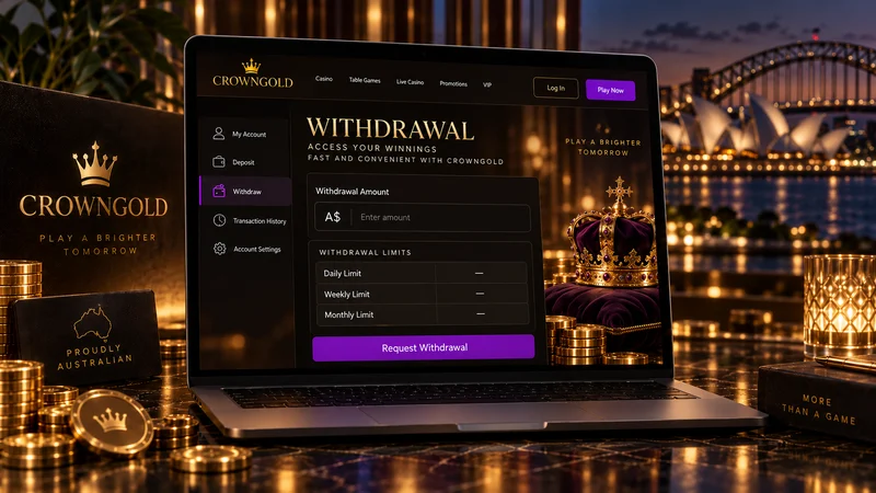 CrownGold withdrawal screen with an amount field and a limits panel